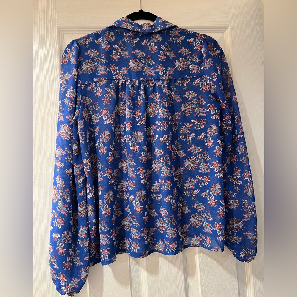 Forever 21 M Grannycore Sheer Flowy Floral Collared Tie Front Long Sleeve Top - Picture 2 of 7